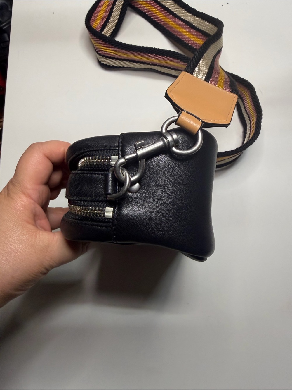 Tory Burch Black Quilted Logo Crossbody with Striped Webbing Strap - Picture 4 of 12